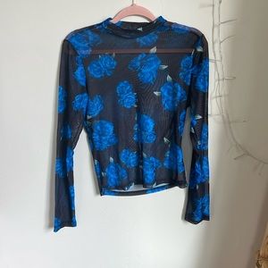 Size large long sleeve, mock neck, blue rose, mesh top